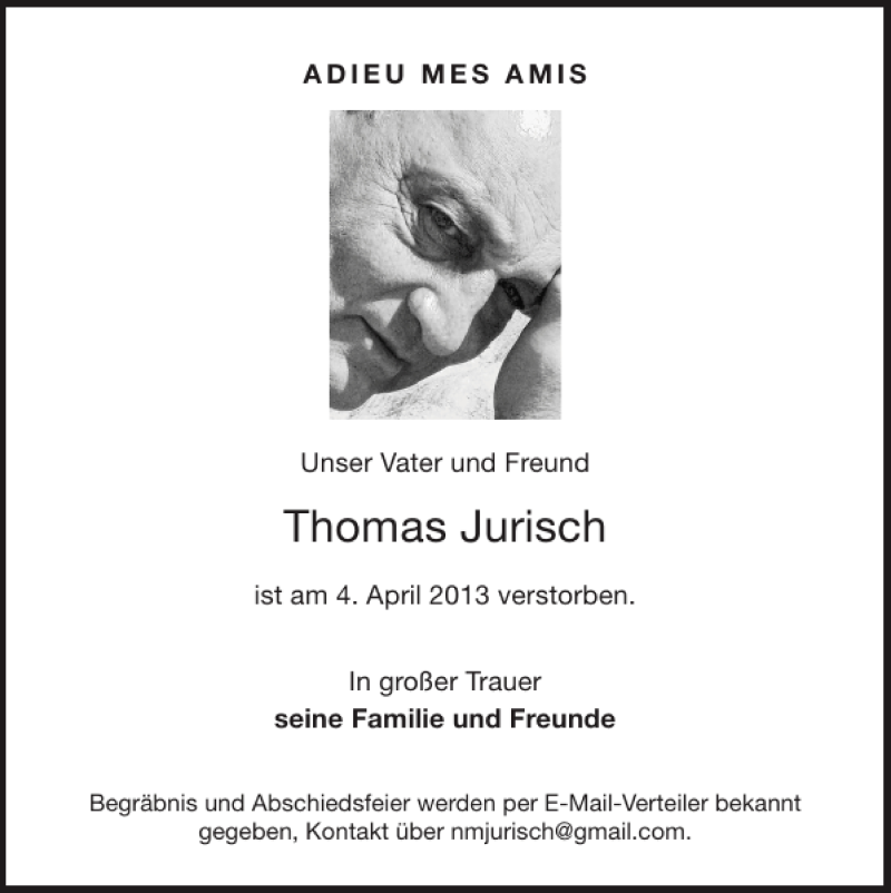  Traueranzeige für Thomas Jurisch vom 06.04.2013 aus Aachener Zeitung / Aachener Nachrichten