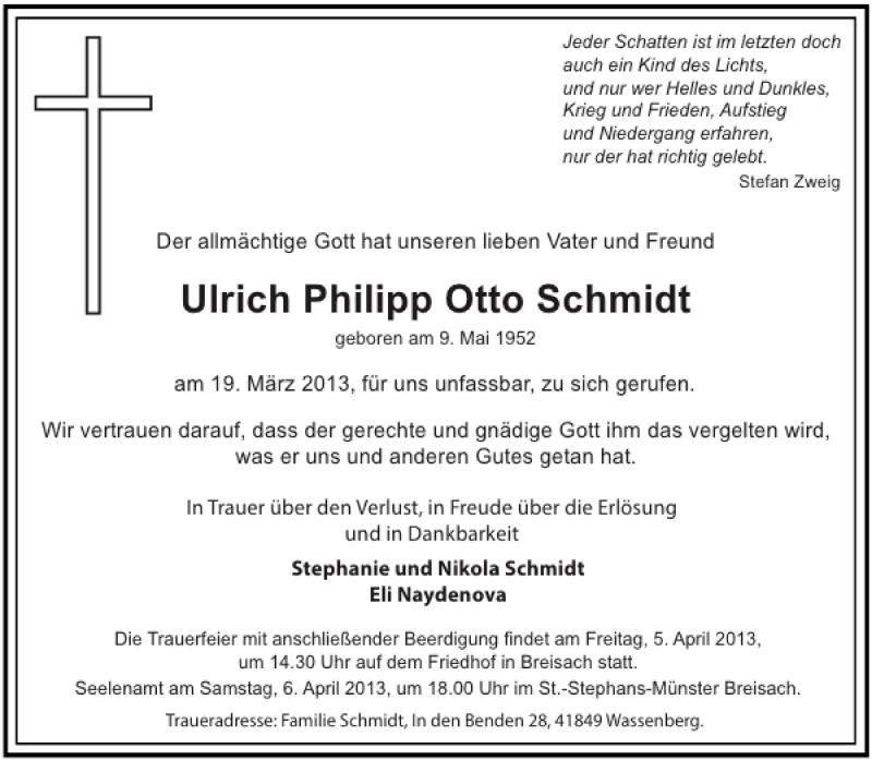  Traueranzeige für Ulrich Philipp Otto Schmidt vom 05.04.2013 aus Aachener Zeitung / Aachener Nachrichten
