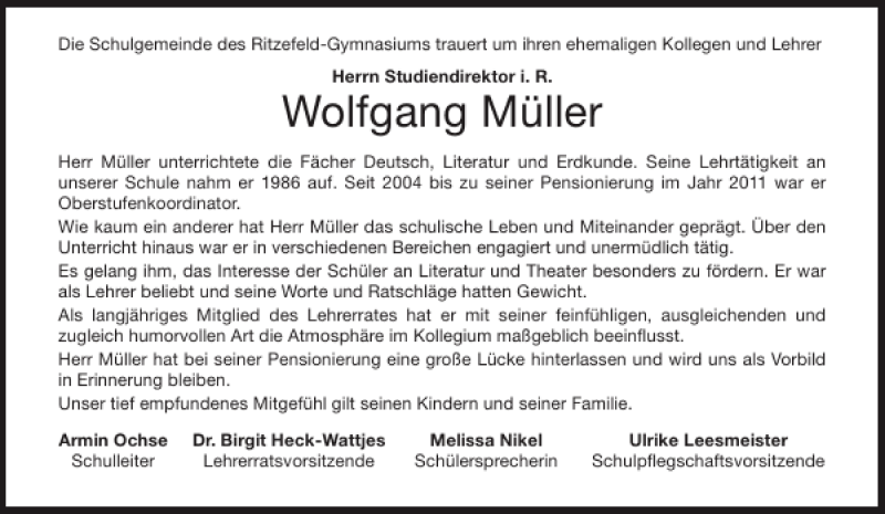  Traueranzeige für Wolfgang Müller vom 20.04.2013 aus Aachener Zeitung / Aachener Nachrichten