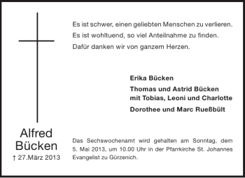 Traueranzeige von Alfred Bücken von Aachener Zeitung / Aachener Nachrichten
