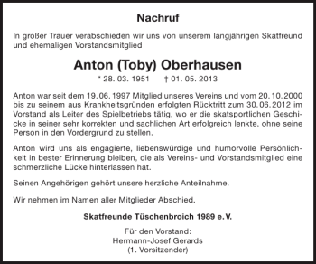 Traueranzeige von Anton Toby Oberhausen von Super Sonntag / Super Mittwoch
