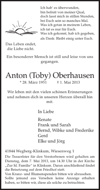 Traueranzeige von Anton Toby Oberhausen von Super Sonntag / Super Mittwoch