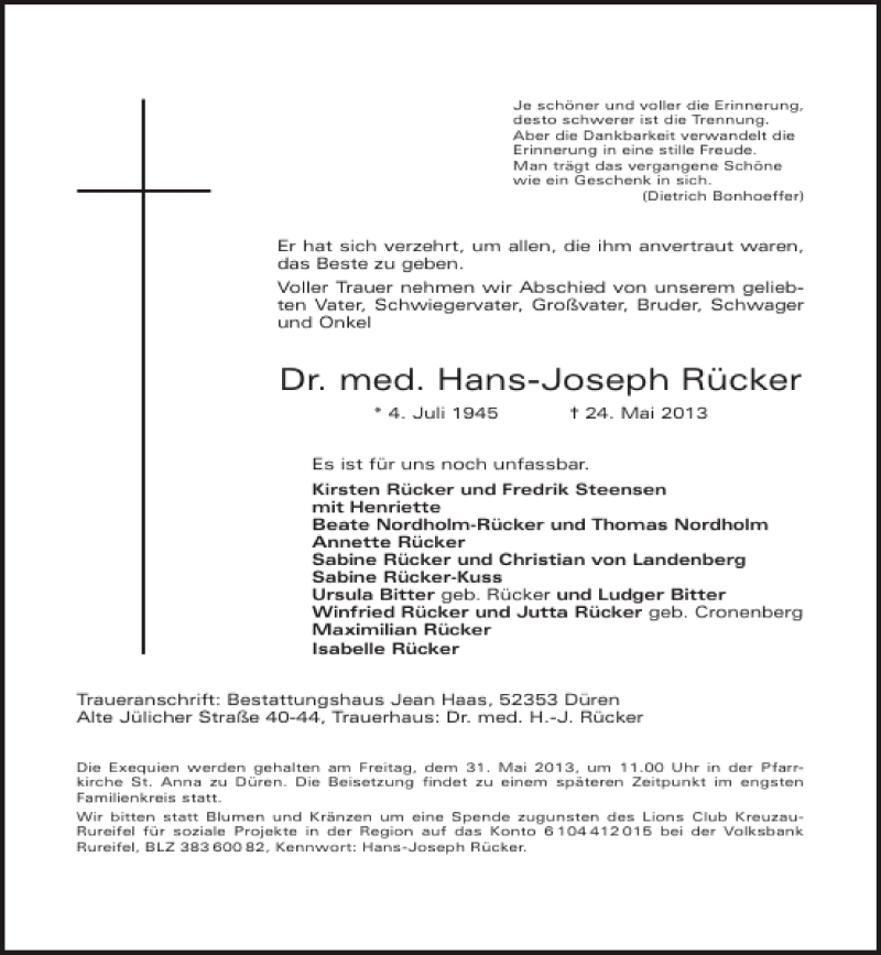  Traueranzeige für Dr. med. Hans-Joseph Rücker vom 29.05.2013 aus Aachener Zeitung / Aachener Nachrichten