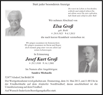 Traueranzeige von Elsa Groß Josef Kurt Groß von Super Sonntag / Super Mittwoch