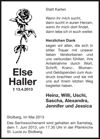 Traueranzeige von Else Haller von Super Sonntag / Super Mittwoch