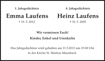 Traueranzeige von Emma Laufens Heinz Laufens von Super Sonntag / Super Mittwoch