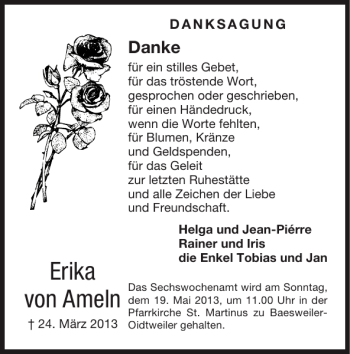Traueranzeige von Erika von Ameln von Super Sonntag / Super Mittwoch