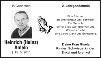 Traueranzeige von Heinrich Heinz Ameln von Super Sonntag / Super Mittwoch