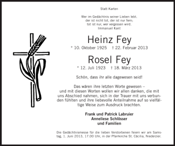 Traueranzeige von Heinz Fey Rosel Fey von Super Sonntag / Super Mittwoch