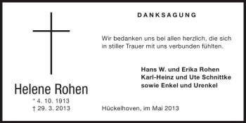 Traueranzeige von Helene Rohen von Super Sonntag / Super Mittwoch