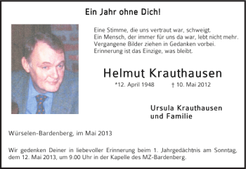 Traueranzeige von Helmut Krauthausen Helmut Krauthausen von Super Sonntag / Super Mittwoch