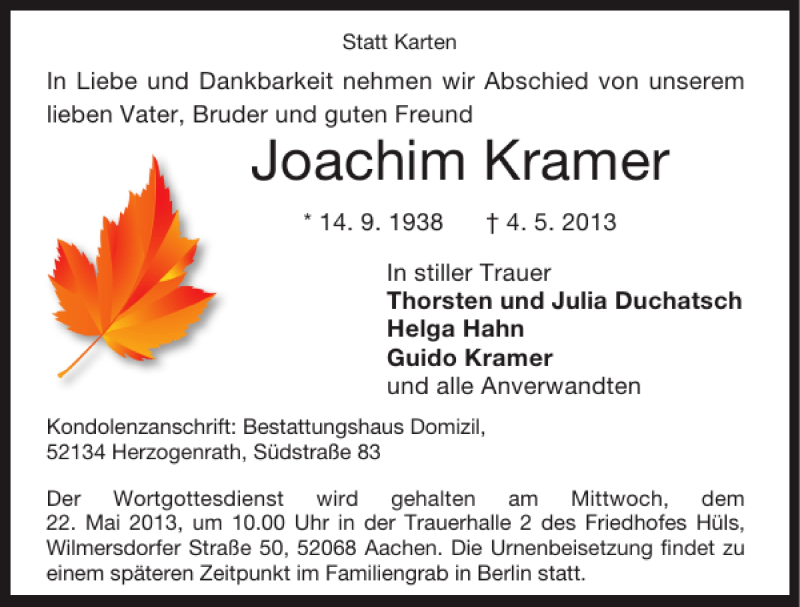  Traueranzeige für Joachim Kramer vom 19.05.2013 aus Super Sonntag / Super Mittwoch