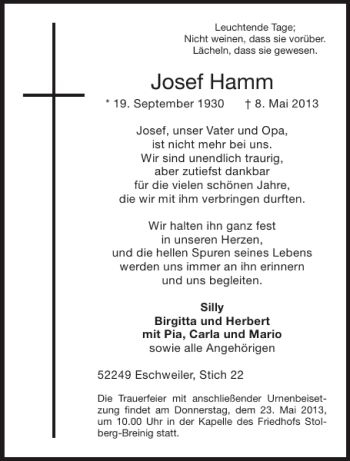 Traueranzeige von Josef Hamm von Aachener Zeitung / Aachener Nachrichten