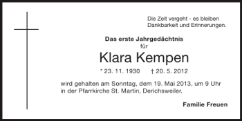 Traueranzeige von Klara Kempen von Super Sonntag / Super Mittwoch