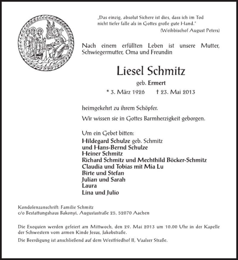  Traueranzeige für Liesel Schmitz vom 25.05.2013 aus Aachener Zeitung / Aachener Nachrichten
