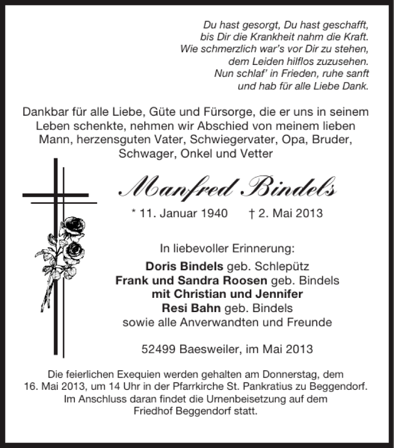  Traueranzeige für Manfred Bindels vom 12.05.2013 aus Super Sonntag / Super Mittwoch