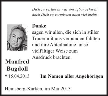 Traueranzeige von Manfred Bugdoll von Super Sonntag / Super Mittwoch