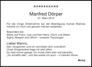 Traueranzeige von Manfred Dörper von Aachener Zeitung / Aachener Nachrichten