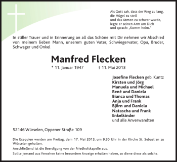 Traueranzeige von Manfred Flecken von Super Sonntag / Super Mittwoch