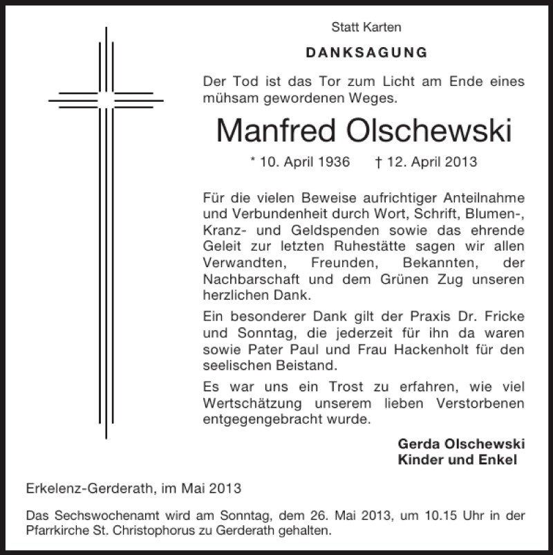  Traueranzeige für Manfred Olschewski vom 19.05.2013 aus Super Sonntag / Super Mittwoch