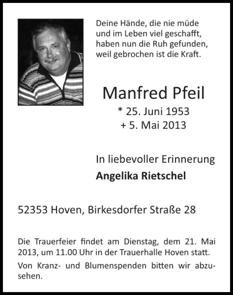  Traueranzeige für Manfred Pfeil vom 19.05.2013 aus Super Sonntag / Super Mittwoch