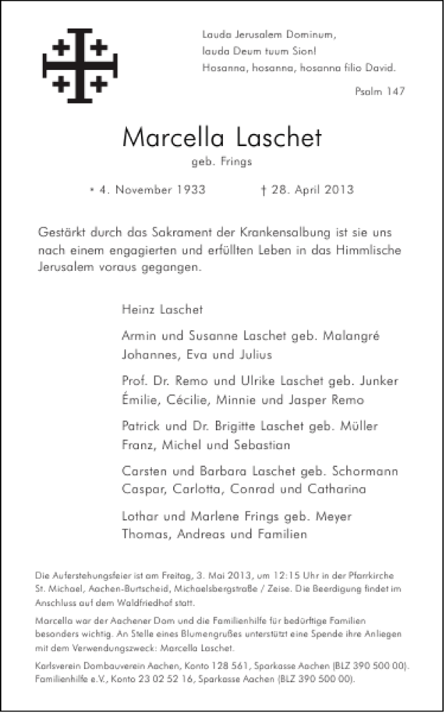  Traueranzeige für Marcella Laschet vom 01.05.2013 aus Aachener Zeitung / Aachener Nachrichten