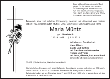 Traueranzeige von Maria Müntz von Aachener Zeitung / Aachener Nachrichten