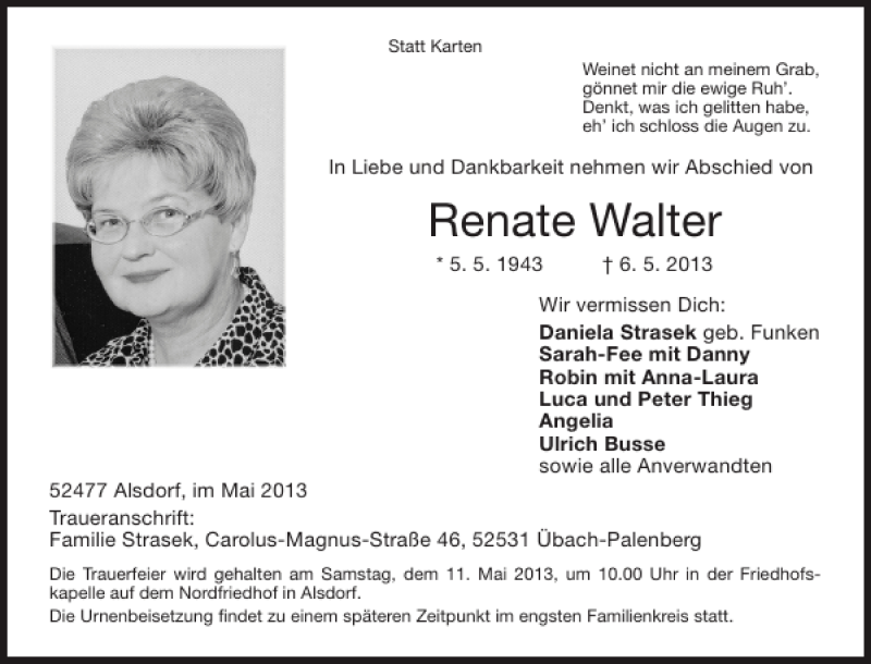  Traueranzeige für Renate Walter vom 08.05.2013 aus Super Sonntag / Super Mittwoch