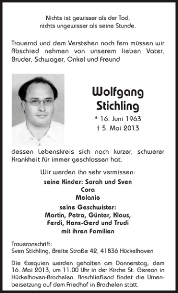Traueranzeige von Wolfgang Stichling von Super Sonntag / Super Mittwoch