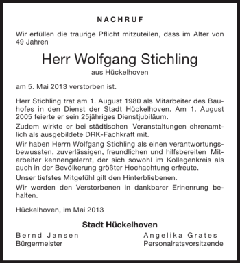 Traueranzeige von Wolfgang Stichling von Aachener Zeitung / Aachener Nachrichten