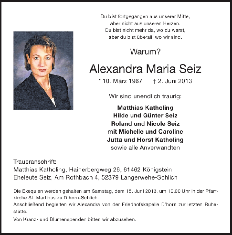  Traueranzeige für Alexandra Maria Seiz vom 08.06.2013 aus Aachener Zeitung / Aachener Nachrichten