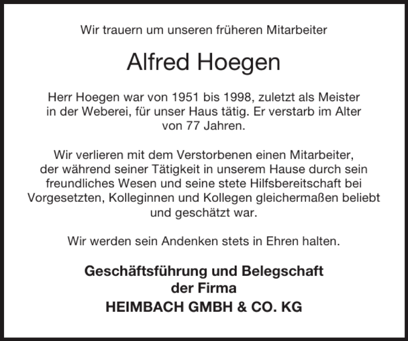 Traueranzeigen von Alfred Hoegen Aachen gedenkt