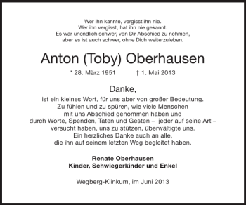 Traueranzeige von Anton Toby Oberhausen von Super Sonntag / Super Mittwoch