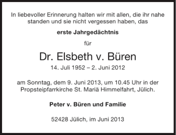 Traueranzeige von Dr. Elsbeth v. Büren von Aachener Zeitung / Aachener Nachrichten