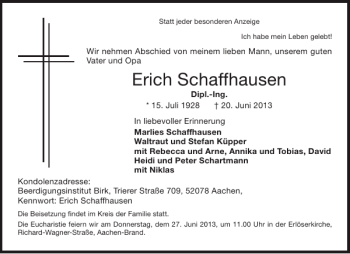 Traueranzeige von Erich Schaffhausen von Aachener Zeitung / Aachener Nachrichten