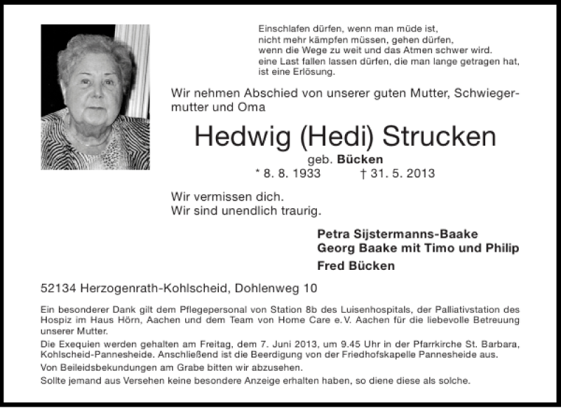  Traueranzeige für Hedwig Hedi Strucken vom 04.06.2013 aus Aachener Zeitung / Aachener Nachrichten