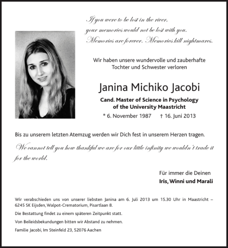  Traueranzeige für Janina Michiko Jacobi vom 22.06.2013 aus Aachener Zeitung / Aachener Nachrichten