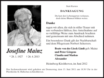 Traueranzeige von Josefine Mainz von Super Sonntag / Super Mittwoch