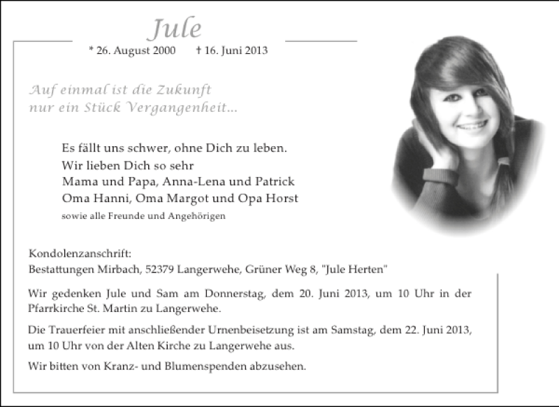  Traueranzeige für Jule  vom 19.06.2013 aus Aachener Zeitung / Aachener Nachrichten