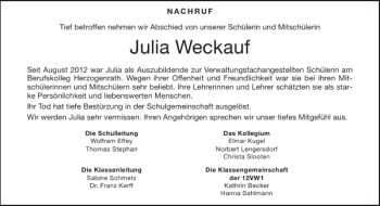 Traueranzeige von Julia Weckauf von Aachener Zeitung / Aachener Nachrichten