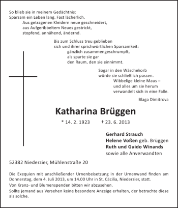 Traueranzeige von Katharina Brüggen von Super Sonntag / Super Mittwoch