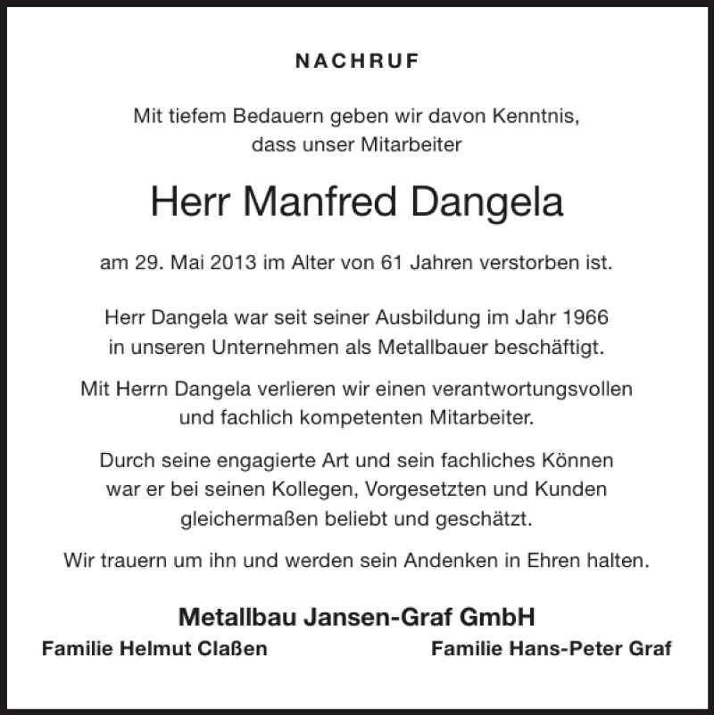  Traueranzeige für Manfred Dangela vom 23.06.2013 aus Super Sonntag / Super Mittwoch