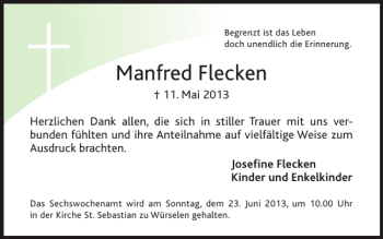 Traueranzeige von Manfred Flecken von Super Sonntag / Super Mittwoch