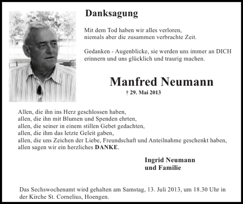  Traueranzeige für Manfred Neumann vom 30.06.2013 aus Super Sonntag / Super Mittwoch