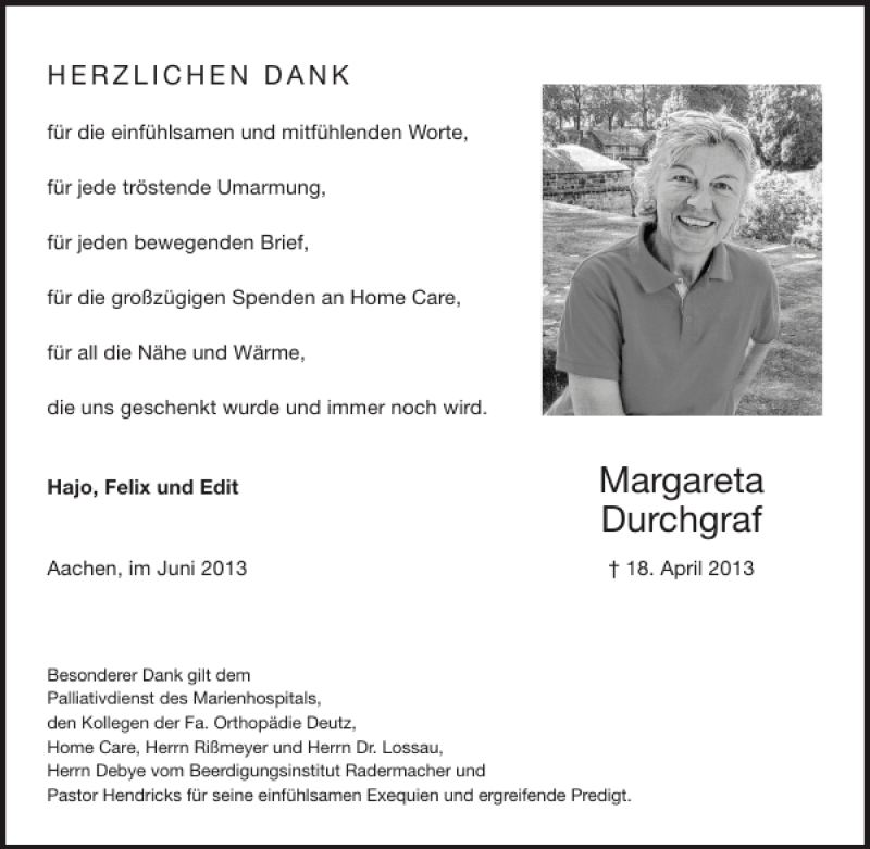 Traueranzeigen Von Margareta Durchgraf Aachen Gedenkt