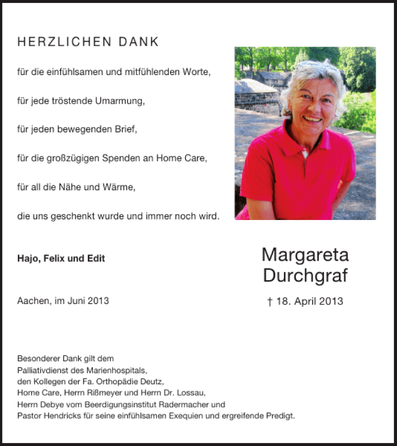 Traueranzeigen Von Margareta Durchgraf Aachen Gedenkt