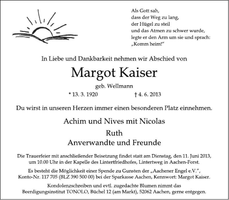  Traueranzeige für Margot Kaiser vom 08.06.2013 aus Aachener Zeitung / Aachener Nachrichten