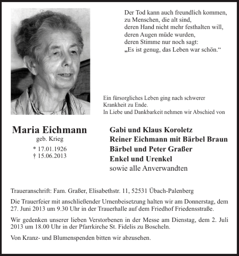  Traueranzeige für Maria Eichmann vom 26.06.2013 aus Super Sonntag / Super Mittwoch