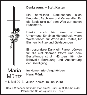 Traueranzeige von Maria Müntz von Aachener Zeitung / Aachener Nachrichten