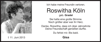 Traueranzeige von Roswitha Köln von Super Sonntag / Super Mittwoch